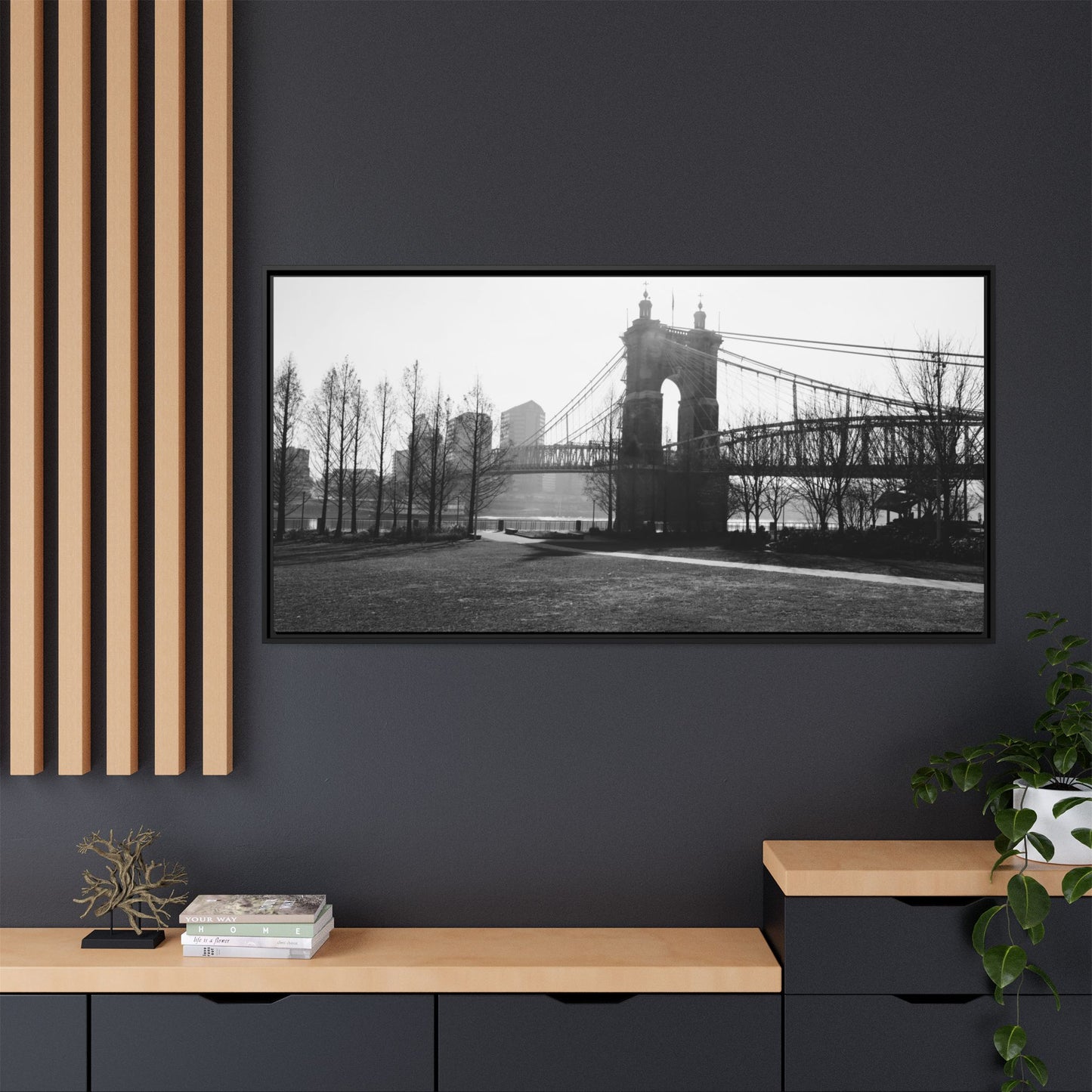 Queen City People Bridge Winter Canvas Framed