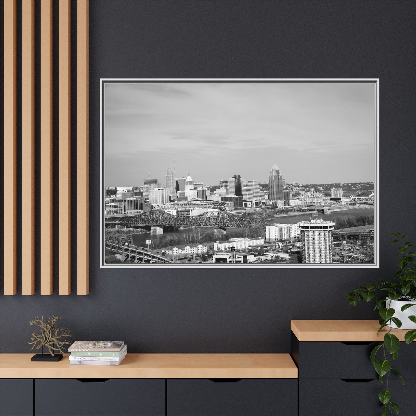 Framed Matte Canvas Chilly Skyline Cincy Print — Black & White Urban Wall Art