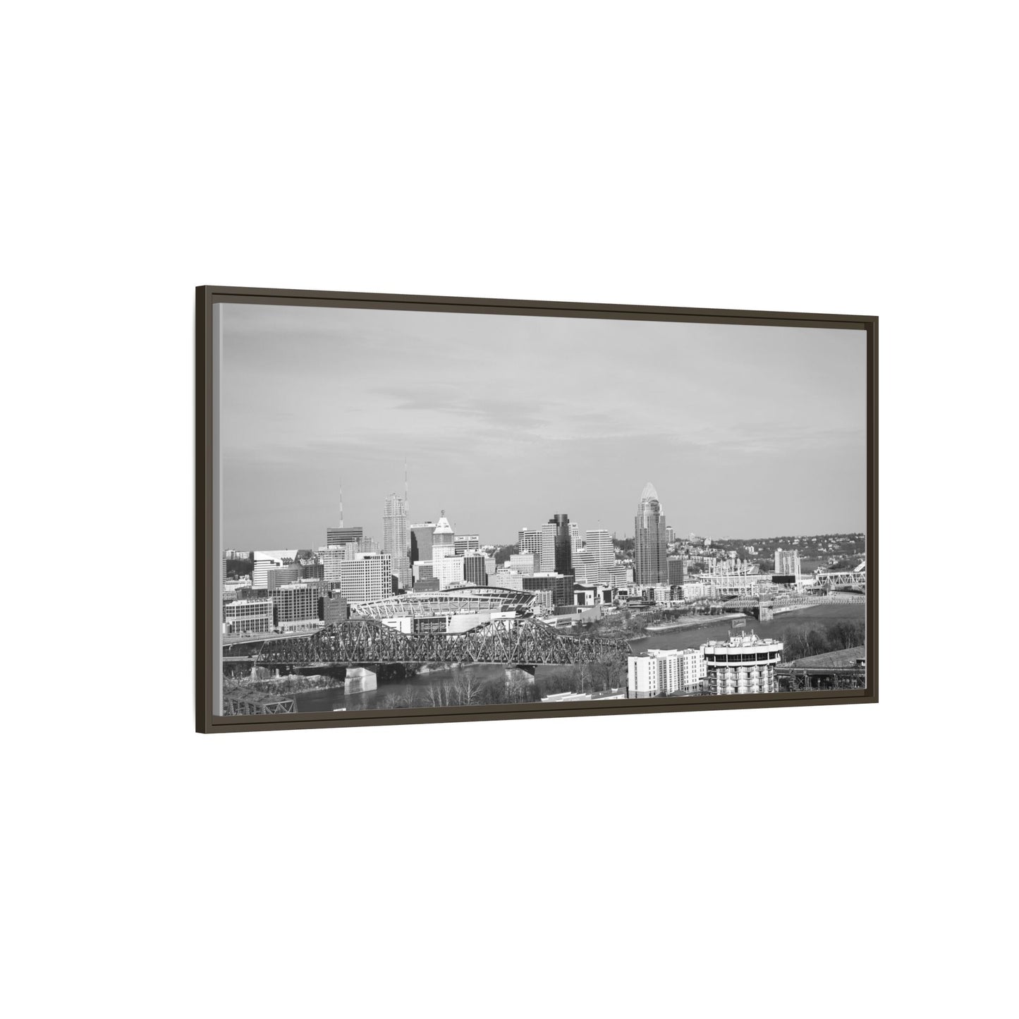 Framed Matte Canvas Chilly Skyline Cincy Print — Black & White Urban Wall Art