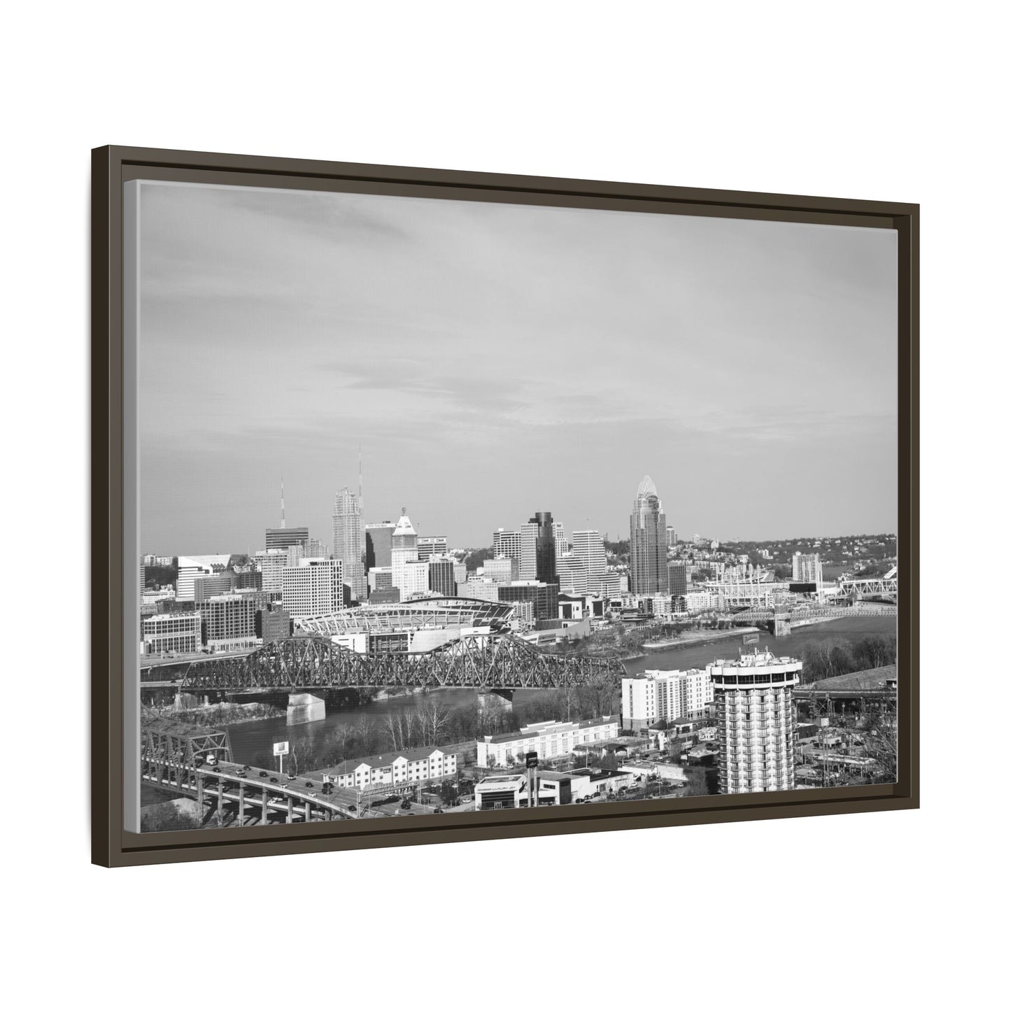Framed Matte Canvas Chilly Skyline Cincy Print — Black & White Urban Wall Art