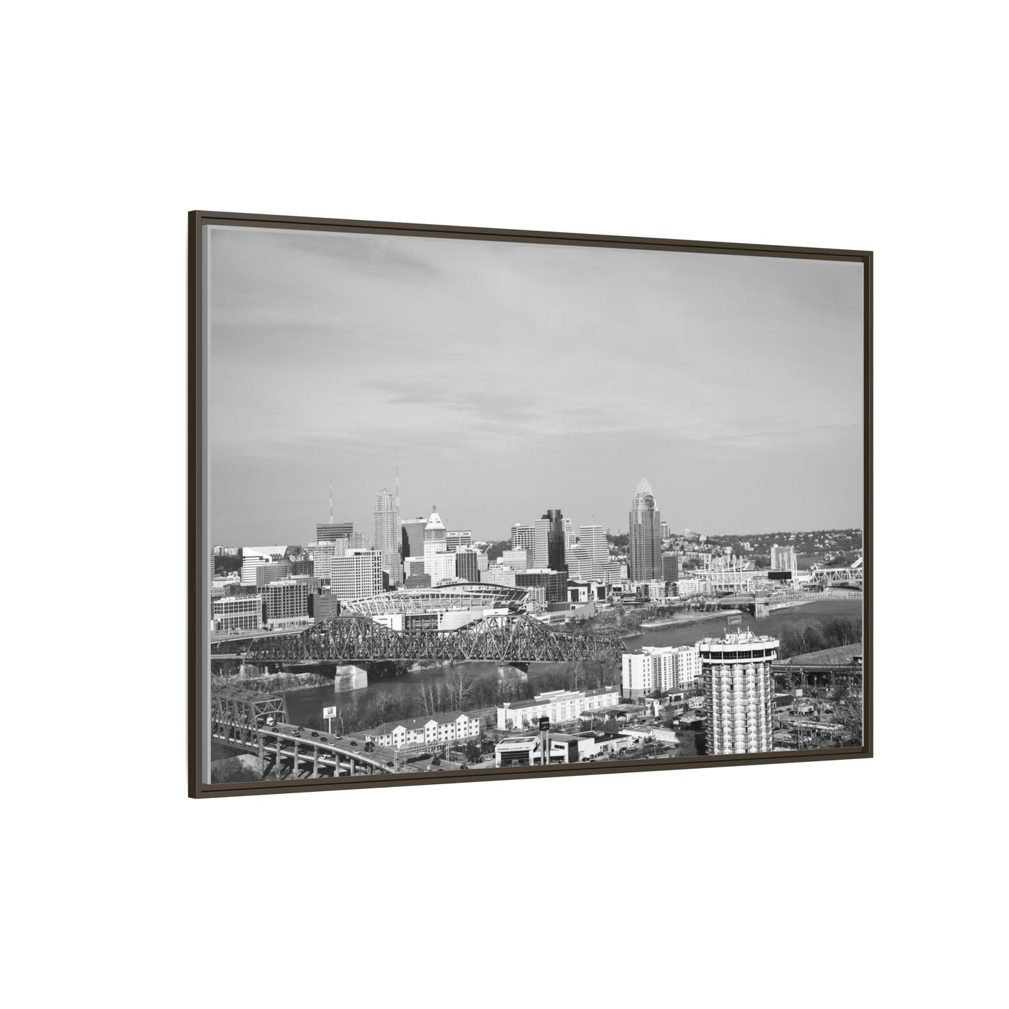 Framed Matte Canvas Chilly Skyline Cincy Print — Black & White Urban Wall Art