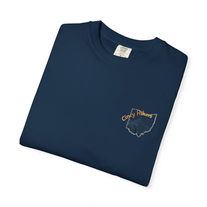 Camp Laugh Repeat T-Shirt — Camping Graphic Tee with Pocket Mountain Design