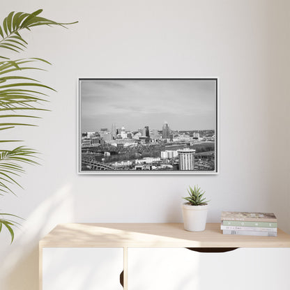 Framed Matte Canvas Chilly Skyline Cincy Print — Black & White Urban Wall Art