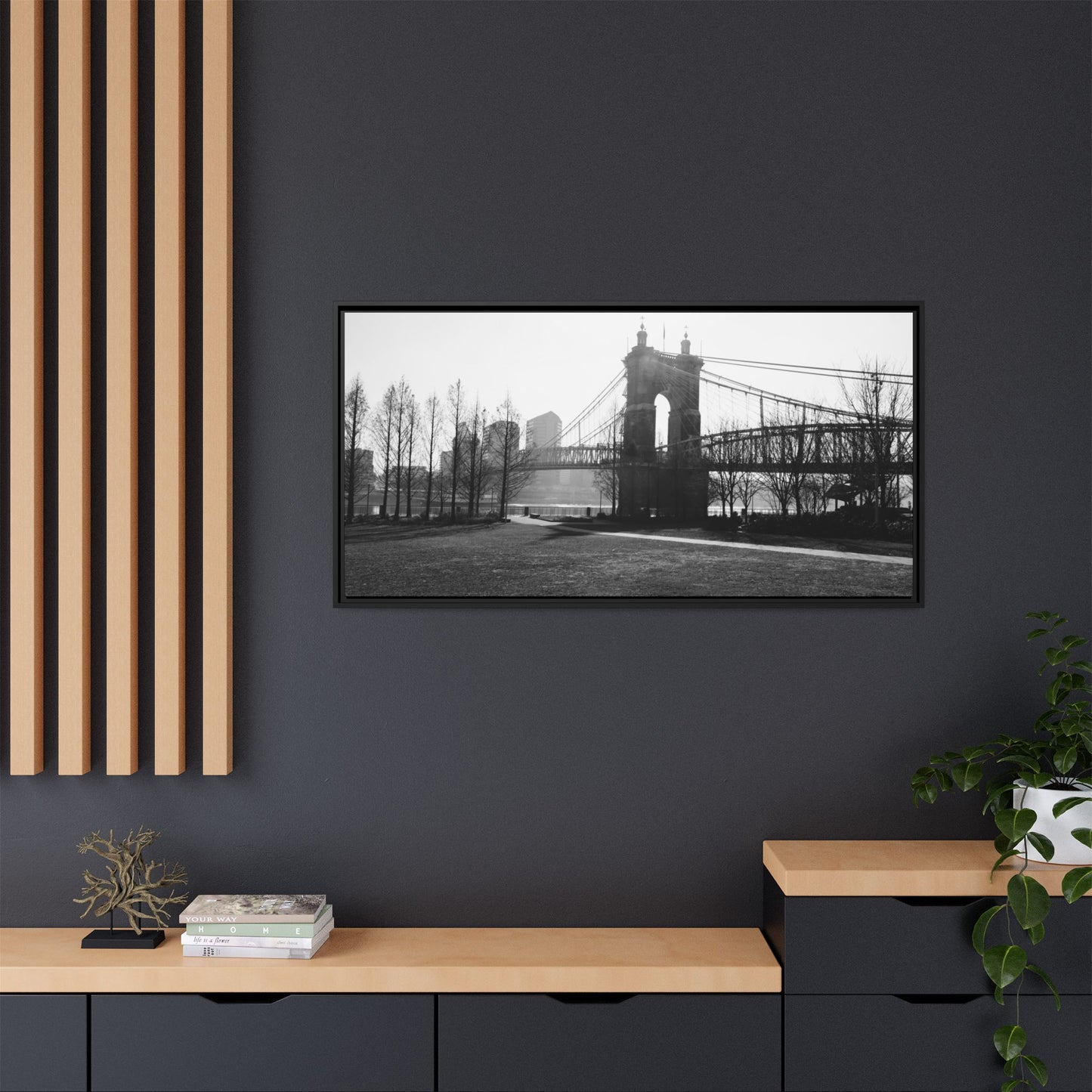 Queen City People Bridge Winter Canvas Framed