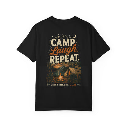 Camp Laugh Repeat T-Shirt — Camping Graphic Tee with Pocket Mountain Design
