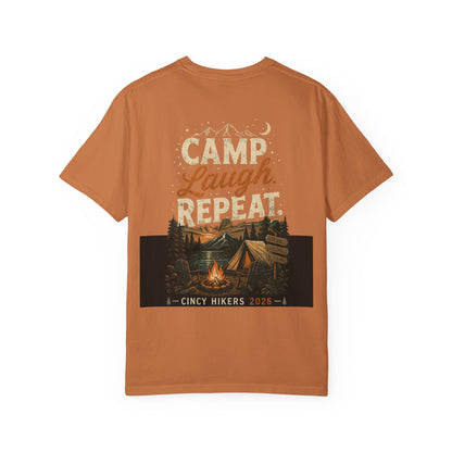 Camp Laugh Repeat T-Shirt — Camping Graphic Tee with Pocket Mountain Design