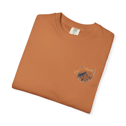 Camp Laugh Repeat T-Shirt — Camping Graphic Tee with Pocket Mountain Design