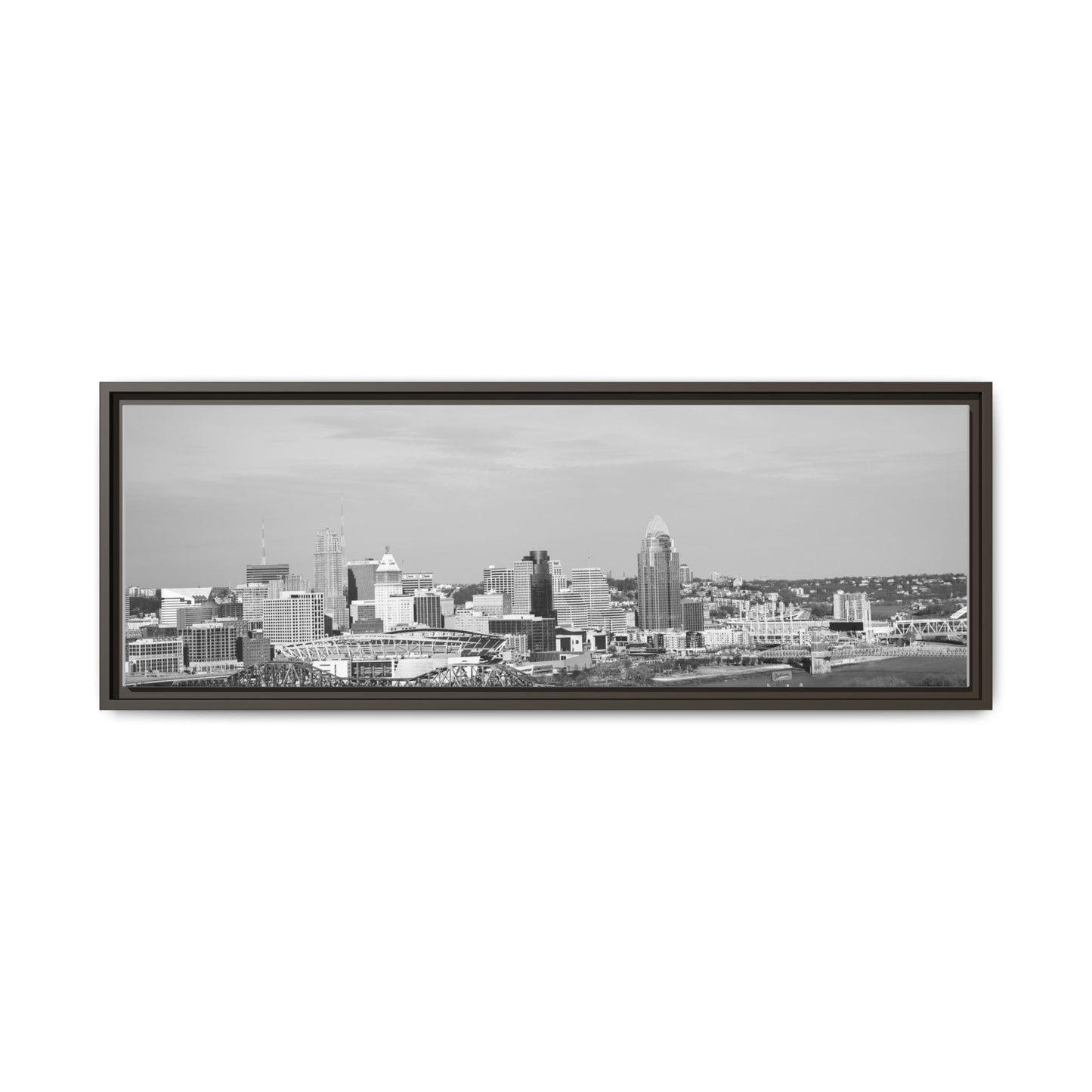 Framed Matte Canvas Chilly Skyline Cincy Print — Black & White Urban Wall Art