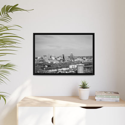 Framed Matte Canvas Chilly Skyline Cincy Print — Black & White Urban Wall Art