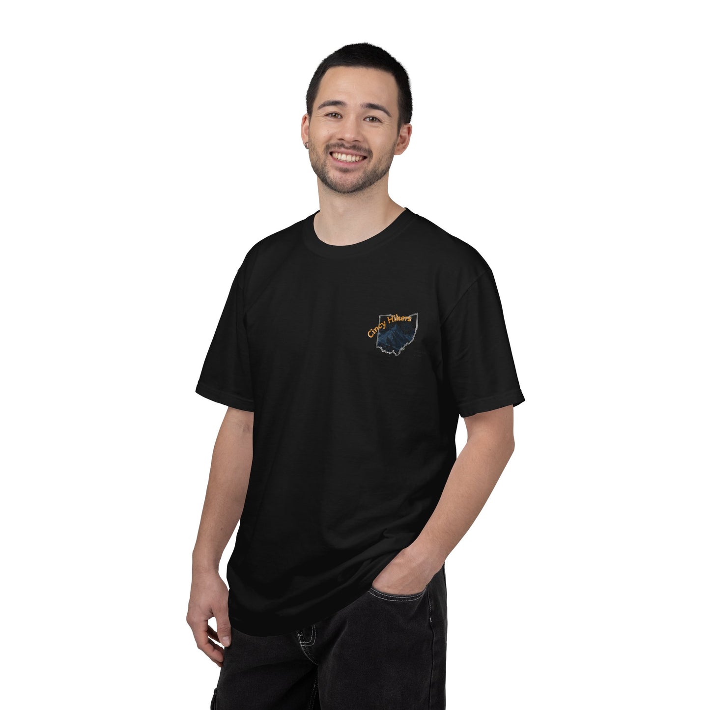 Camp Laugh Repeat T-Shirt — Camping Graphic Tee with Pocket Mountain Design