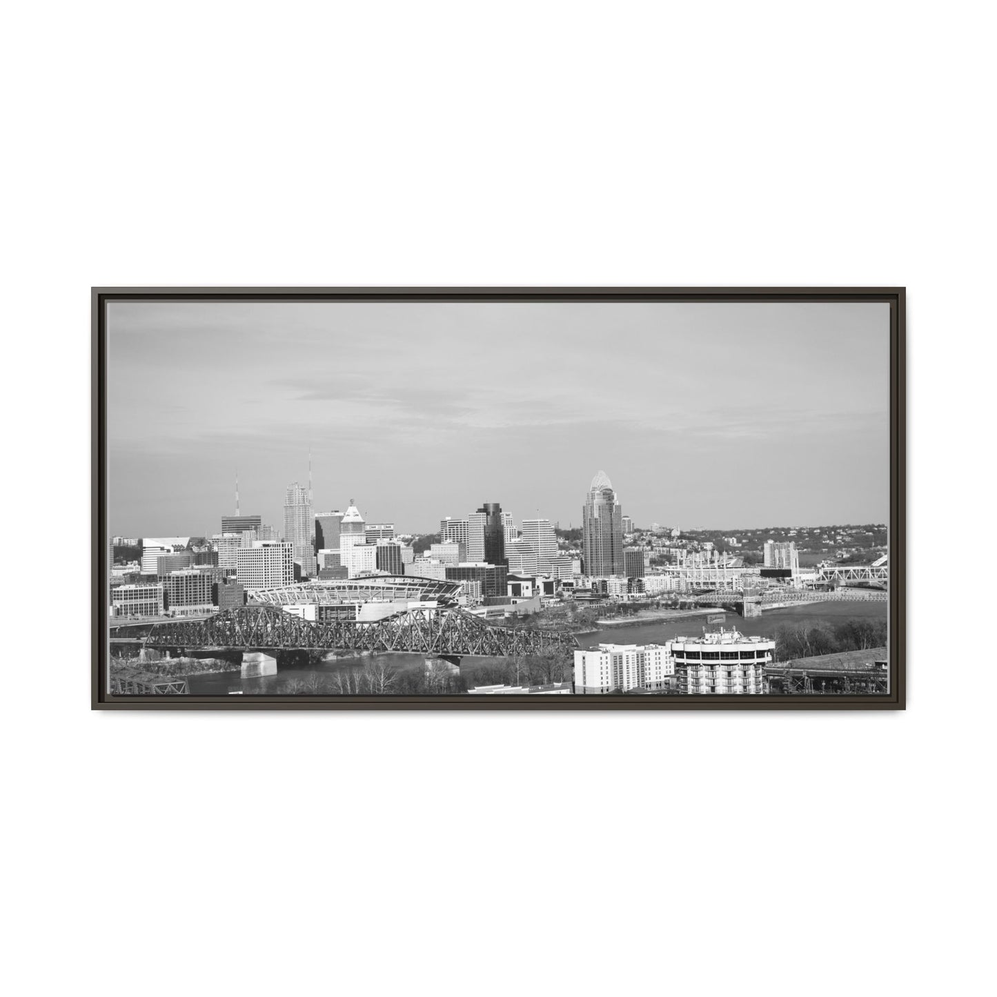Framed Matte Canvas Chilly Skyline Cincy Print — Black & White Urban Wall Art