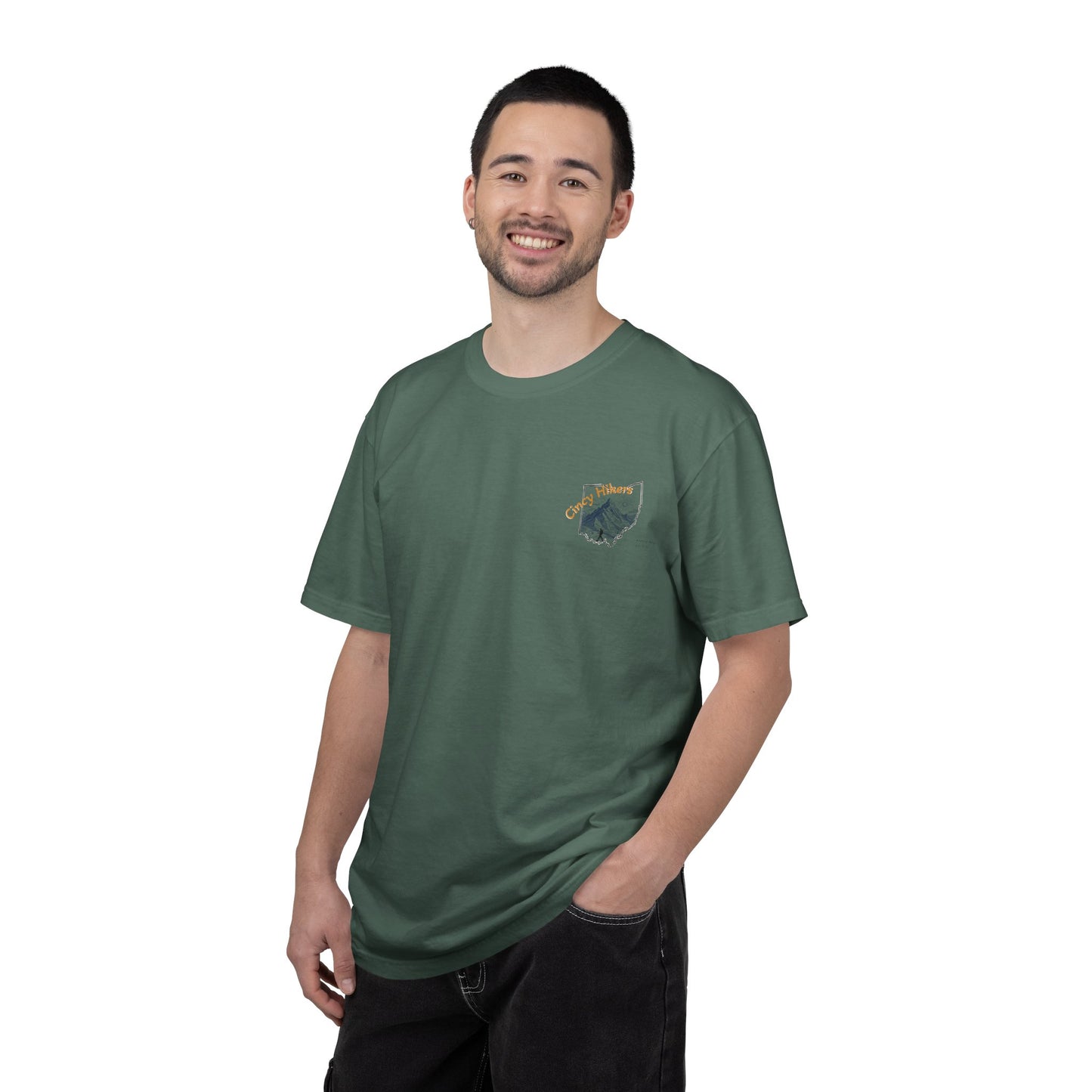 Camp Laugh Repeat T-Shirt — Camping Graphic Tee with Pocket Mountain Design