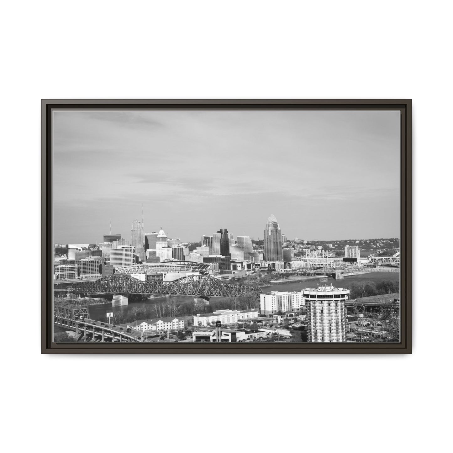 Framed Matte Canvas Chilly Skyline Cincy Print — Black & White Urban Wall Art