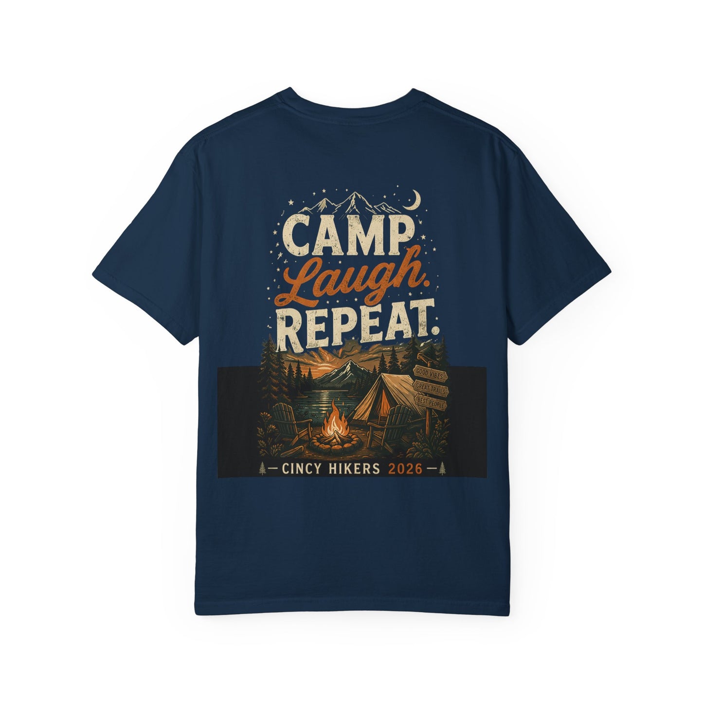 Camp Laugh Repeat T-Shirt — Camping Graphic Tee with Pocket Mountain Design