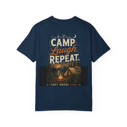 Camp Laugh Repeat T-Shirt — Camping Graphic Tee with Pocket Mountain Design