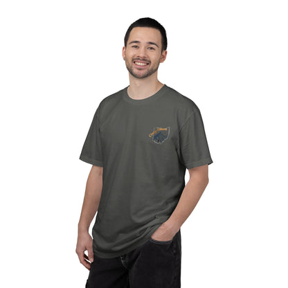 Camp Laugh Repeat T-Shirt — Camping Graphic Tee with Pocket Mountain Design