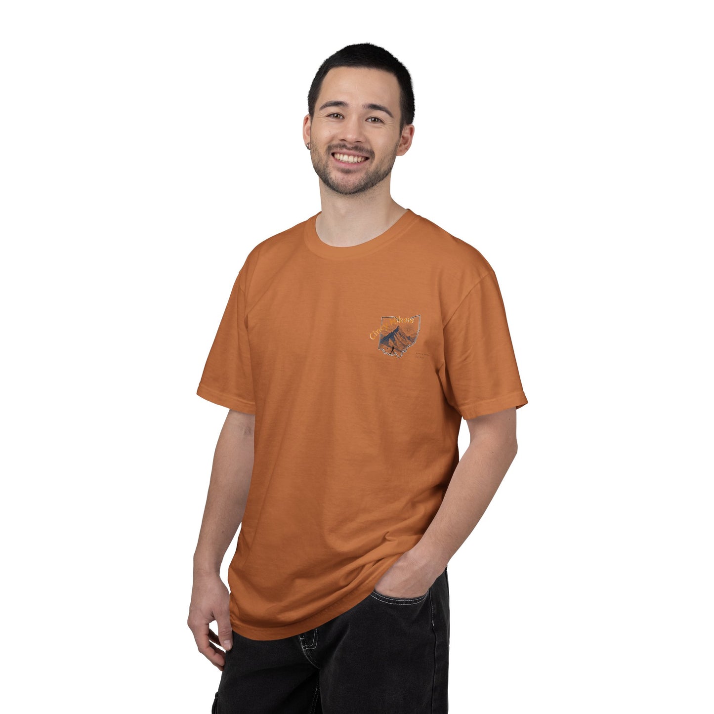 Camp Laugh Repeat T-Shirt — Camping Graphic Tee with Pocket Mountain Design