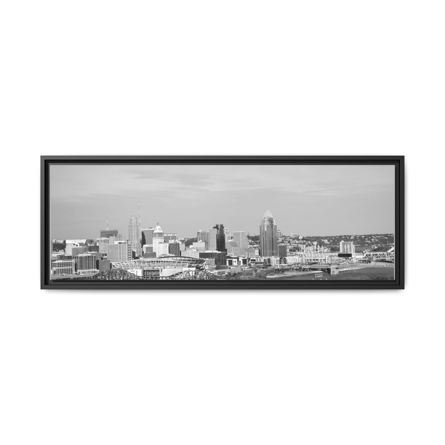 Framed Matte Canvas Chilly Skyline Cincy Print — Black & White Urban Wall Art