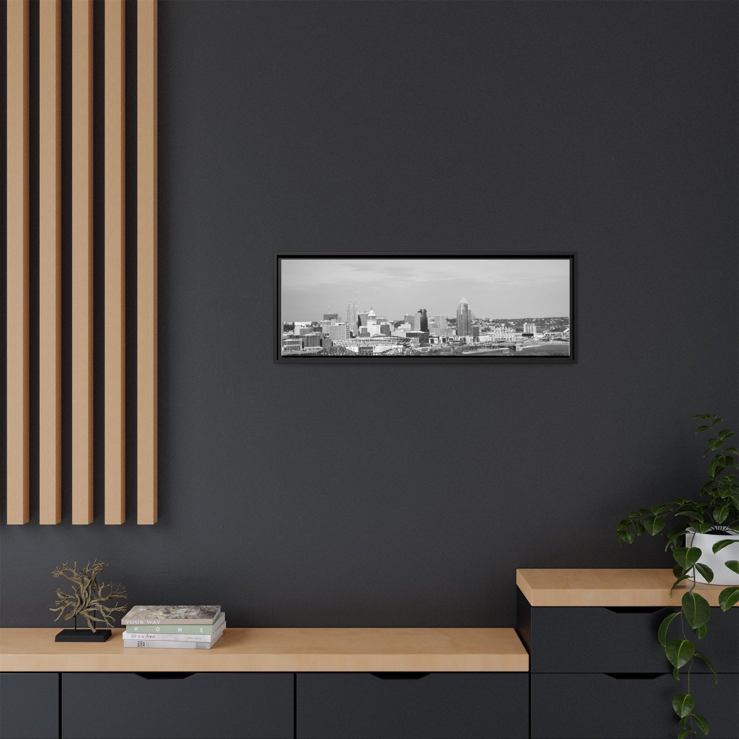 Framed Matte Canvas Chilly Skyline Cincy Print — Black & White Urban Wall Art