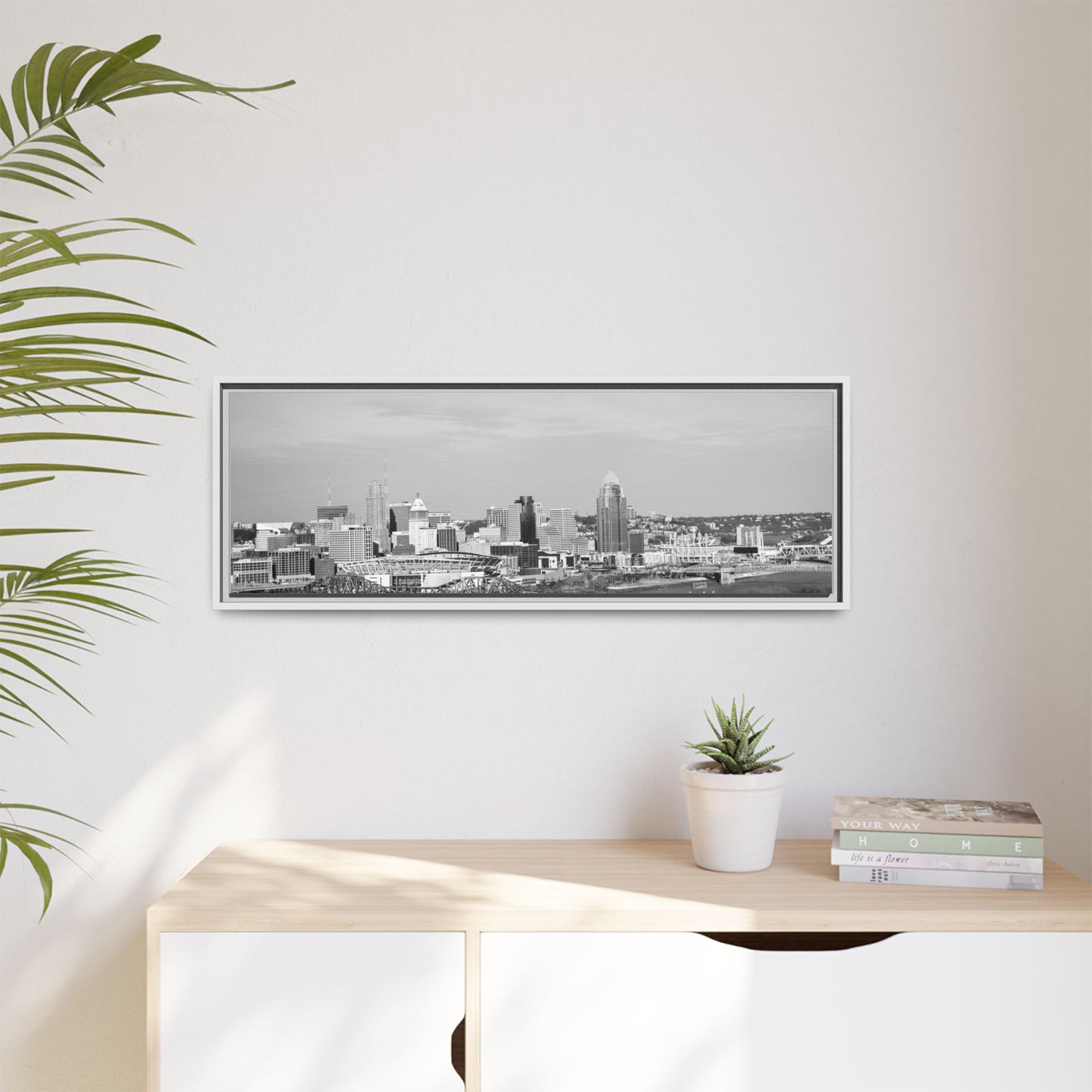 Framed Matte Canvas Chilly Skyline Cincy Print — Black & White Urban Wall Art