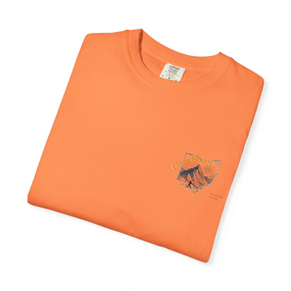 Camp Laugh Repeat T-Shirt — Camping Graphic Tee with Pocket Mountain Design