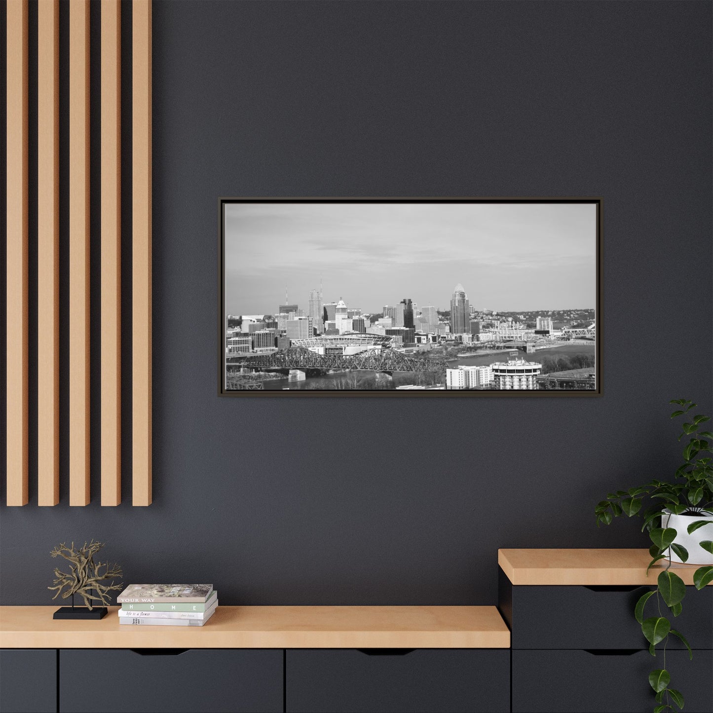 Framed Matte Canvas Chilly Skyline Cincy Print — Black & White Urban Wall Art
