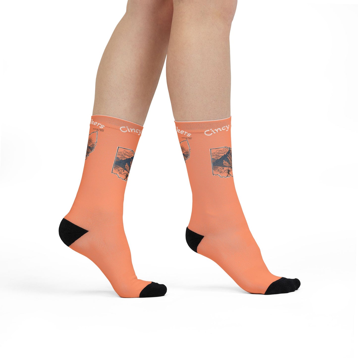 Peachy Cincy Hiking Crew Socks - 'Crazy Hikers' Orange Sublimation Socks