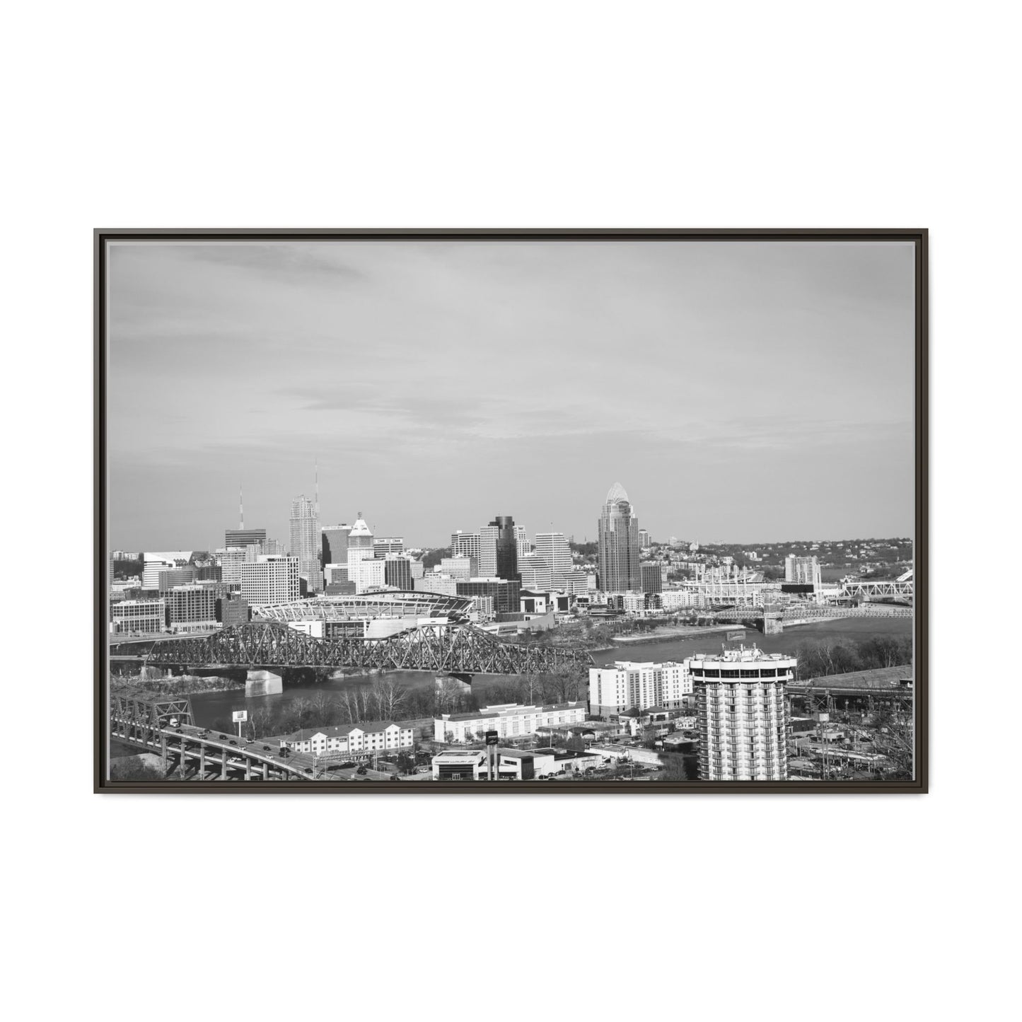 Framed Matte Canvas Chilly Skyline Cincy Print — Black & White Urban Wall Art