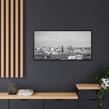 Framed Matte Canvas Chilly Skyline Cincy Print — Black & White Urban Wall Art