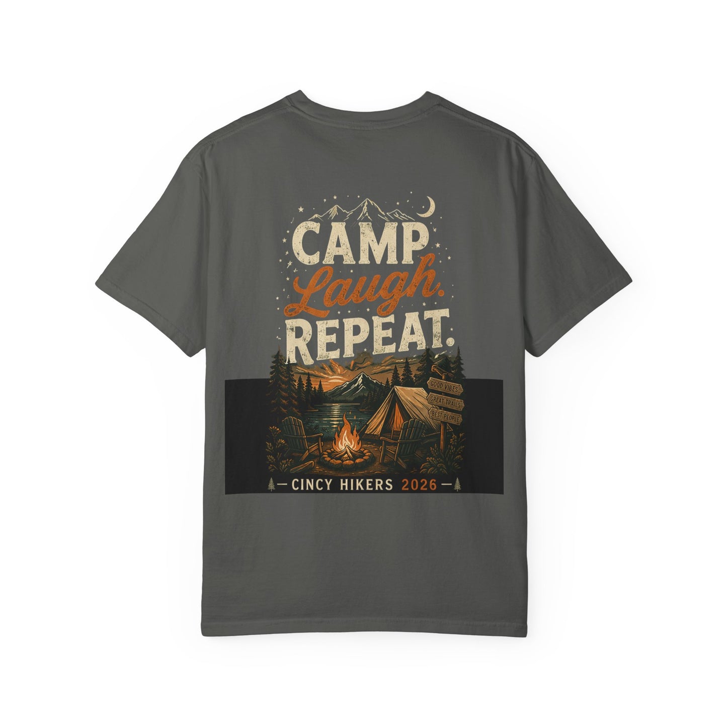 Camp Laugh Repeat T-Shirt — Camping Graphic Tee with Pocket Mountain Design