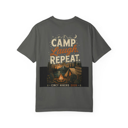Camp Laugh Repeat T-Shirt — Camping Graphic Tee with Pocket Mountain Design
