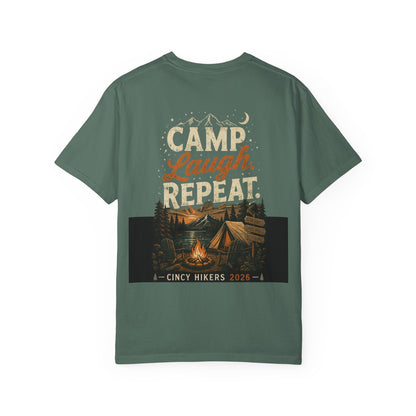 Camp Laugh Repeat T-Shirt — Camping Graphic Tee with Pocket Mountain Design