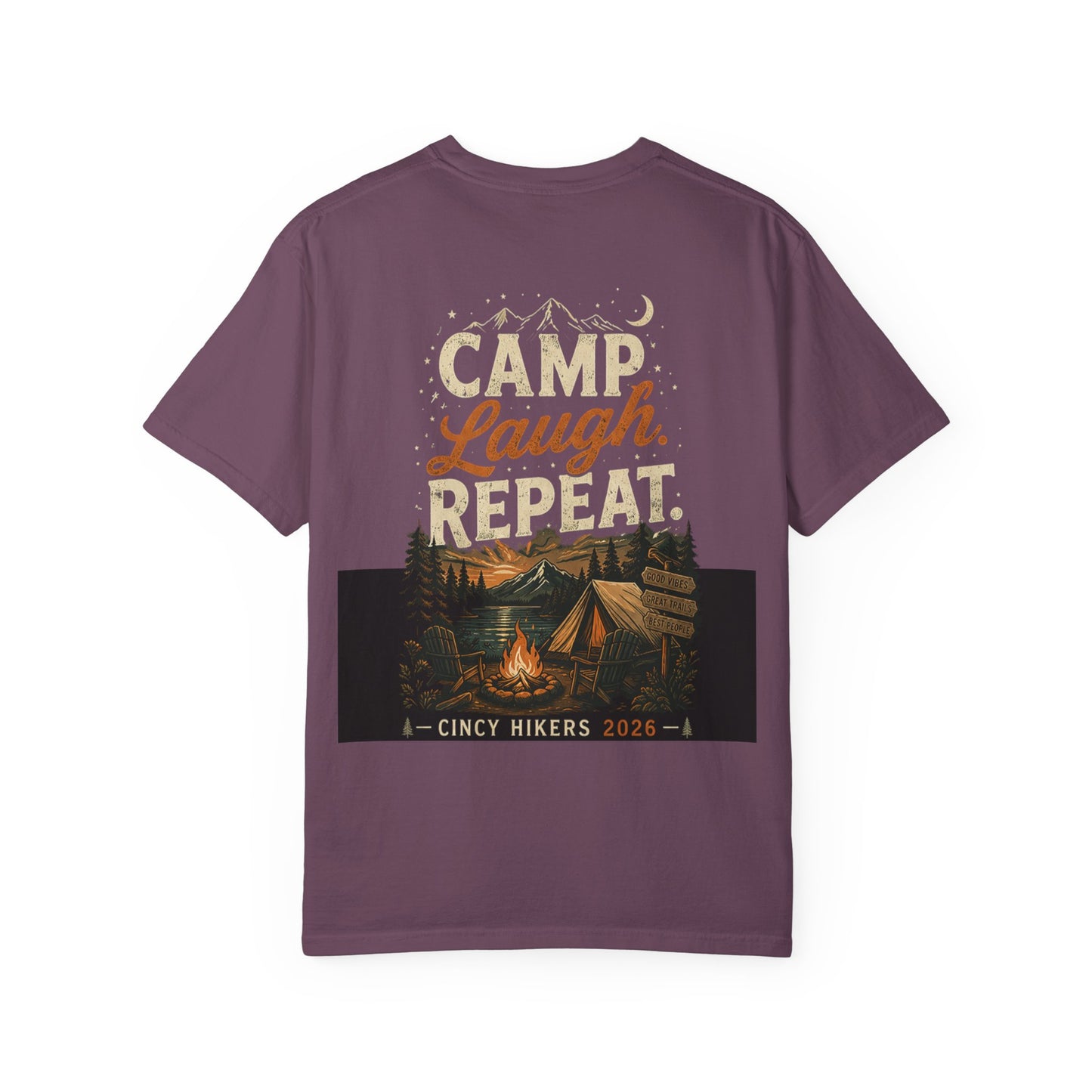 Camp Laugh Repeat T-Shirt — Camping Graphic Tee with Pocket Mountain Design