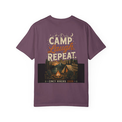 Camp Laugh Repeat T-Shirt — Camping Graphic Tee with Pocket Mountain Design