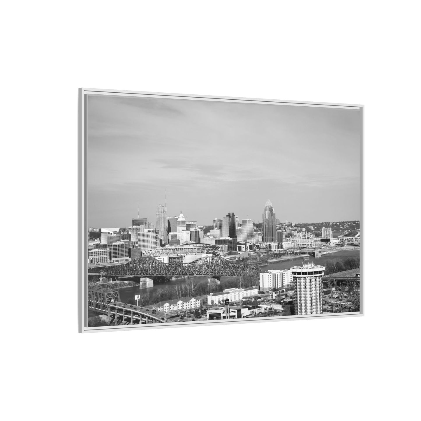 Framed Matte Canvas Chilly Skyline Cincy Print — Black & White Urban Wall Art