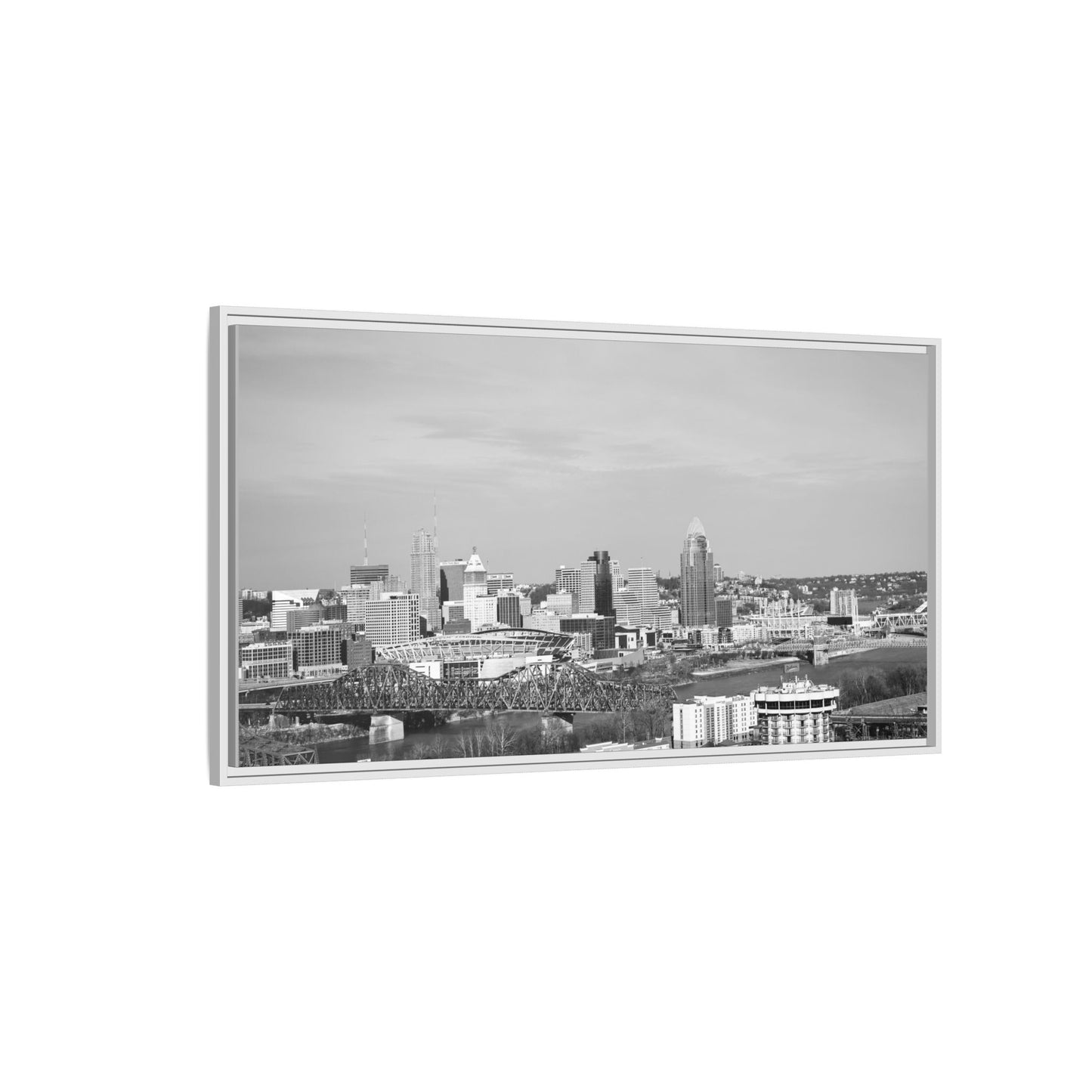 Framed Matte Canvas Chilly Skyline Cincy Print — Black & White Urban Wall Art