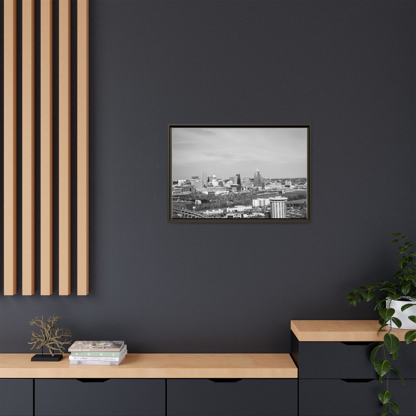 Framed Matte Canvas Chilly Skyline Cincy Print — Black & White Urban Wall Art