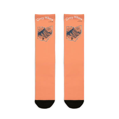Peachy Cincy Hiking Crew Socks - 'Crazy Hikers' Orange Sublimation Socks