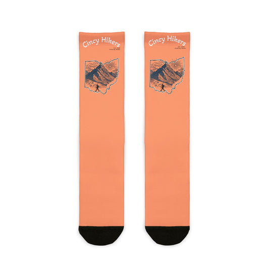 Peachy Cincy Hiking Crew Socks - 'Crazy Hikers' Orange Sublimation Socks