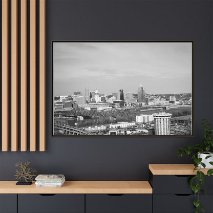 Framed Matte Canvas Chilly Skyline Cincy Print — Black & White Urban Wall Art