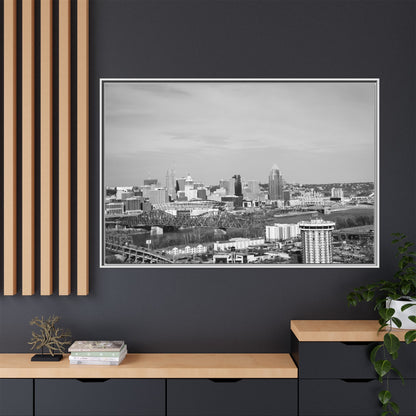 Framed Matte Canvas Chilly Skyline Cincy Print — Black & White Urban Wall Art