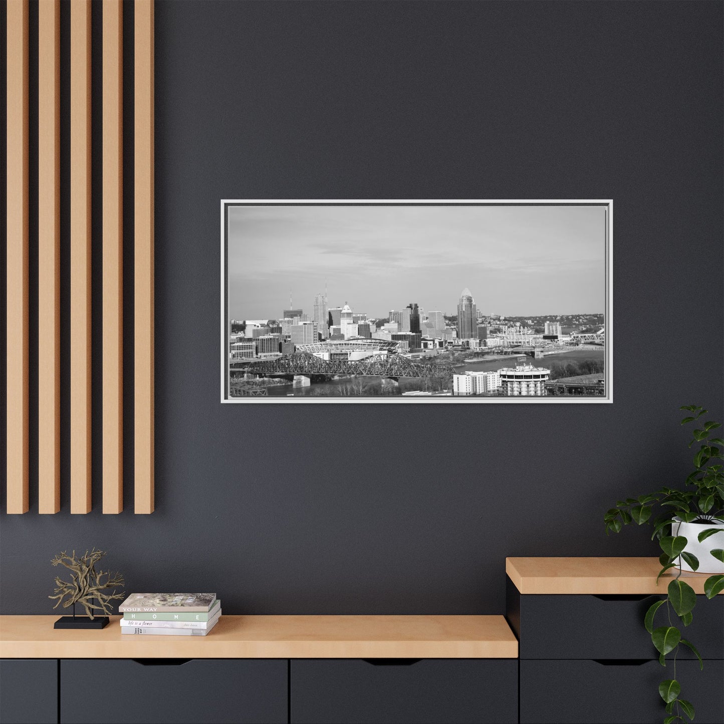 Framed Matte Canvas Chilly Skyline Cincy Print — Black & White Urban Wall Art