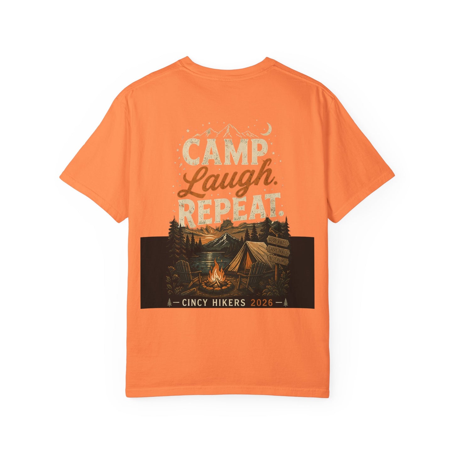 Camp Laugh Repeat T-Shirt — Camping Graphic Tee with Pocket Mountain Design