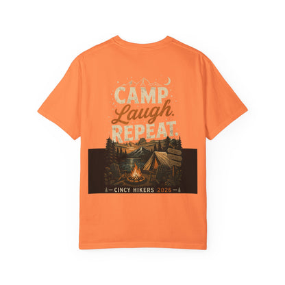 Camp Laugh Repeat T-Shirt — Camping Graphic Tee with Pocket Mountain Design