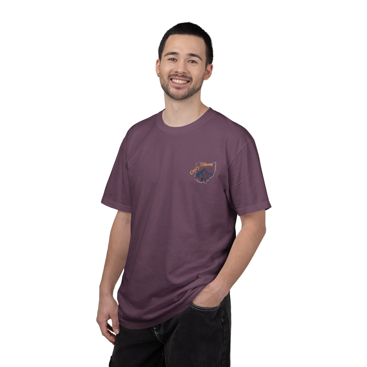 Camp Laugh Repeat T-Shirt — Camping Graphic Tee with Pocket Mountain Design