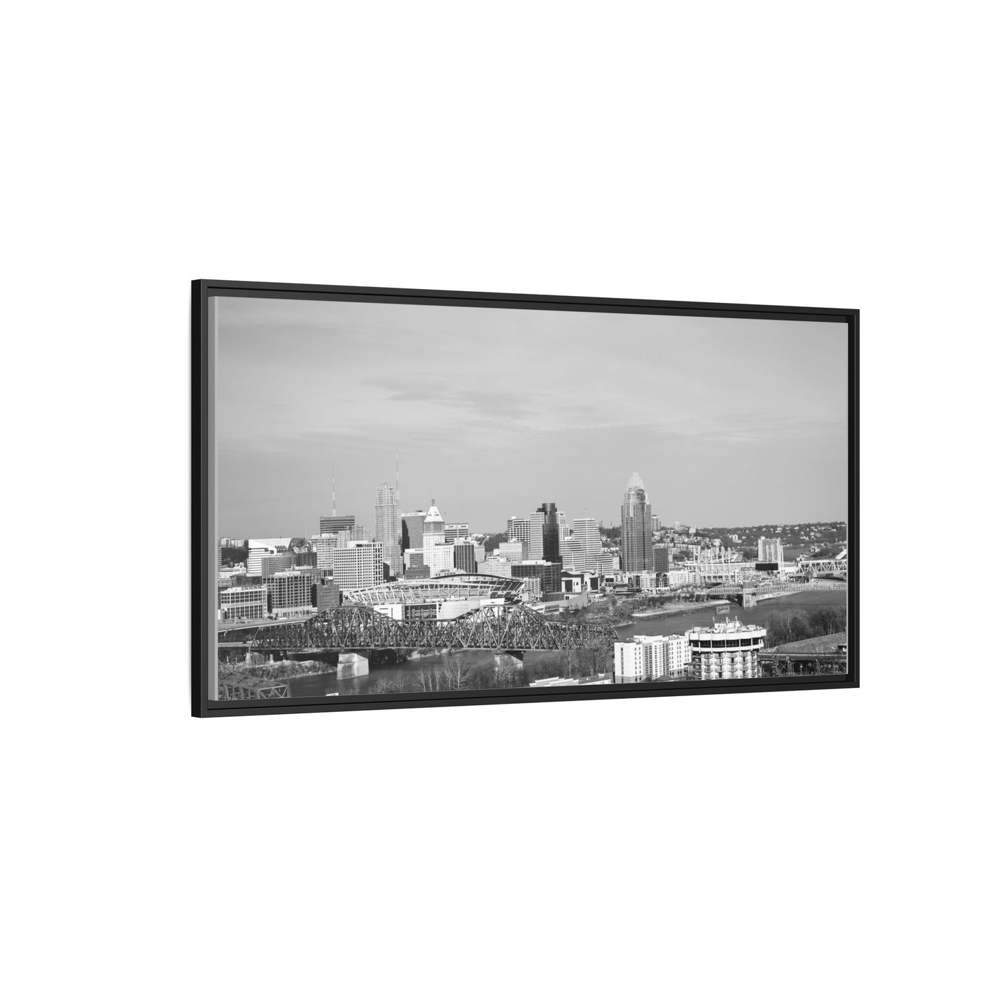 Framed Matte Canvas Chilly Skyline Cincy Print — Black & White Urban Wall Art