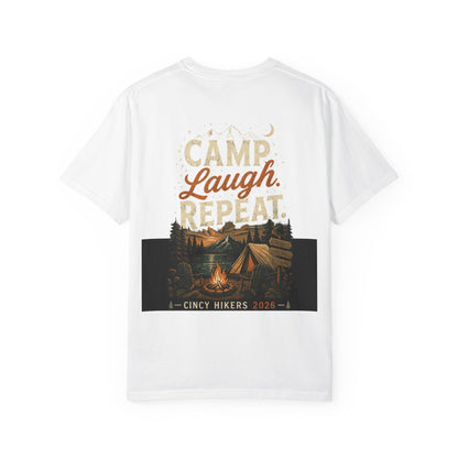 Camp Laugh Repeat T-Shirt — Camping Graphic Tee with Pocket Mountain Design