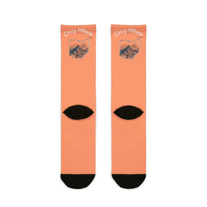 Peachy Cincy Hiking Crew Socks - 'Crazy Hikers' Orange Sublimation Socks