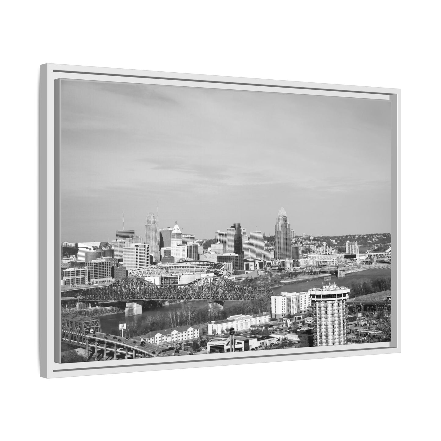 Framed Matte Canvas Chilly Skyline Cincy Print — Black & White Urban Wall Art