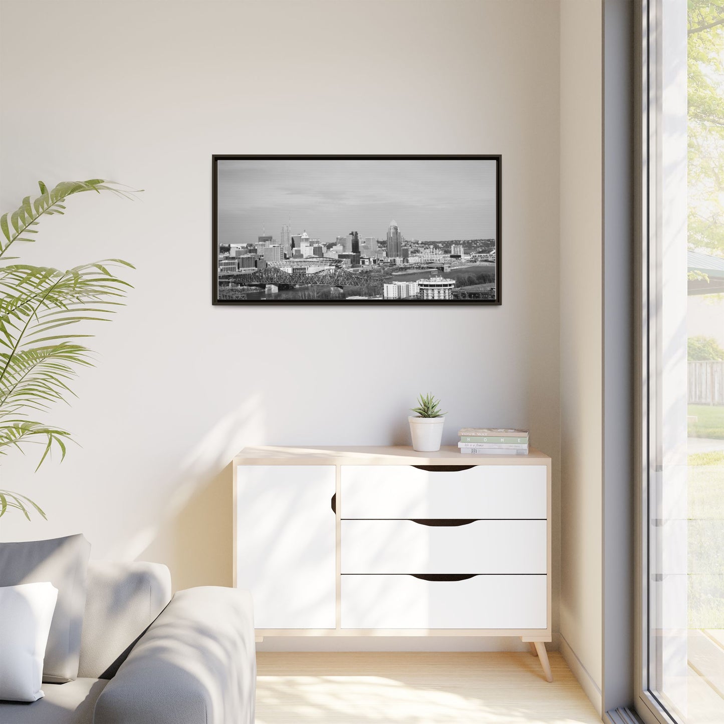 Framed Matte Canvas Chilly Skyline Cincy Print — Black & White Urban Wall Art
